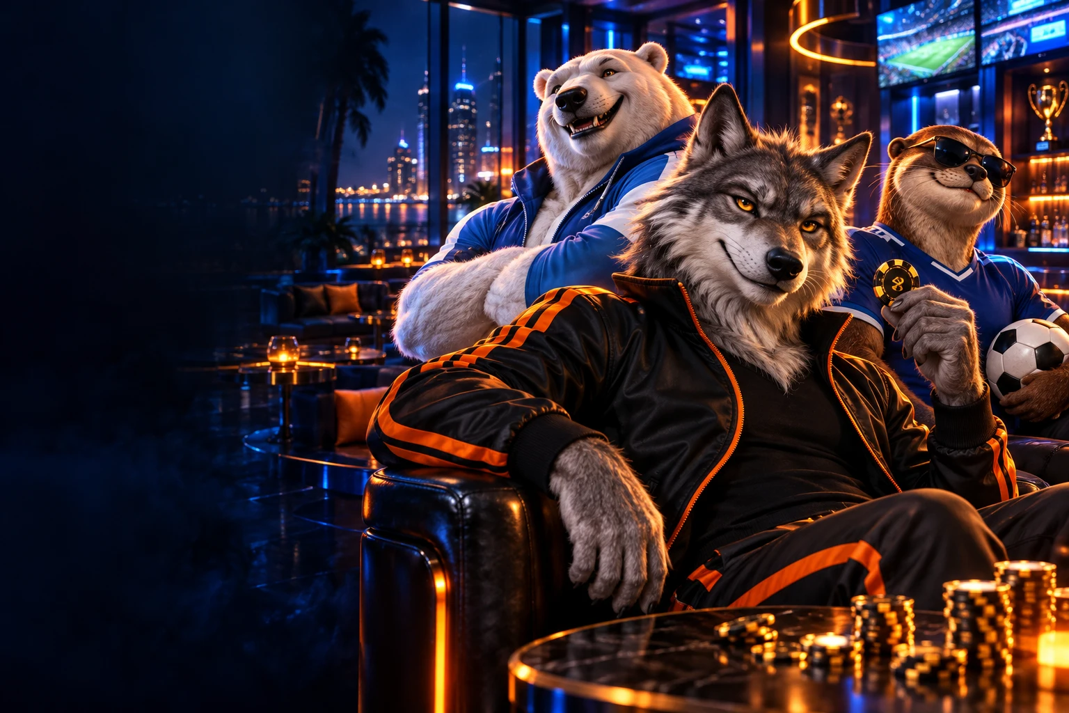 Wolf, Eisbär und Otter in einer blau beleuchteten Sport-Lounge
